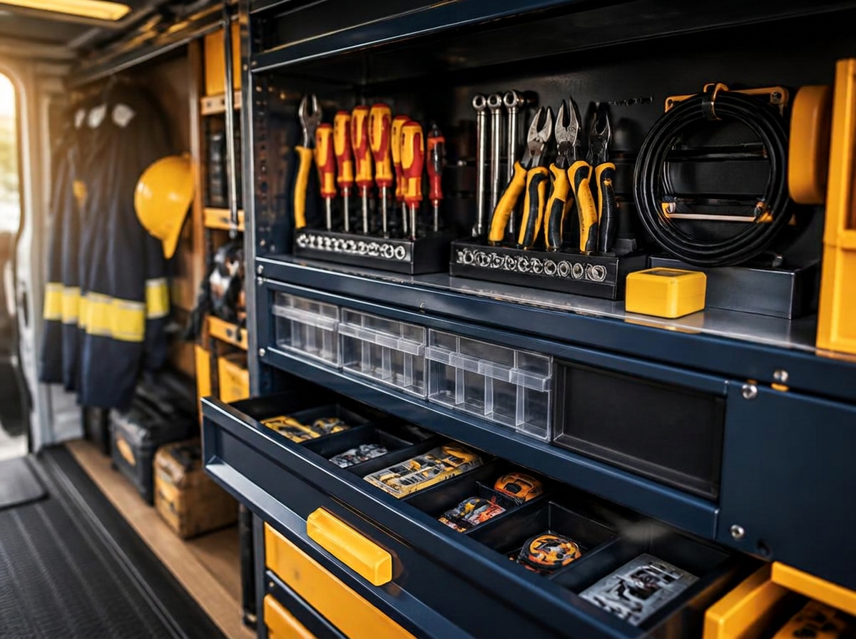 Clean, organised tools inside a professional maintenance van